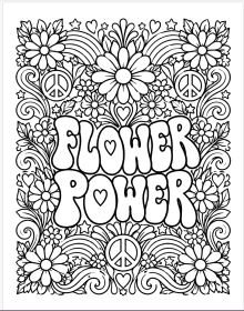 Flower Power retro coloring page with flowers, peace signs and hearts