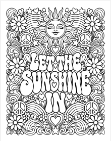 Good Vibes Only retro coloring page with smiling sun, flowers and peace signs