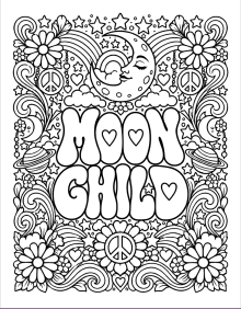 Moon Child retro coloring page with moon, stars, planets and daisies