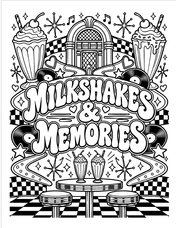 Milkshakes & Memories coloring page with jukebox, milkshakes, and diner stools