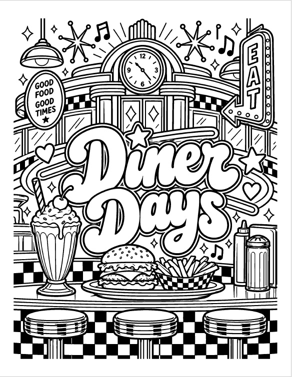 Diner Days coloring page with diner counter, milkshake, burger, and fries