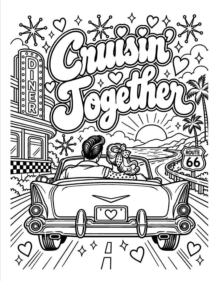 Cruisin’ Together coloring page with a 1950s convertible, diner, palm trees, and Route 66